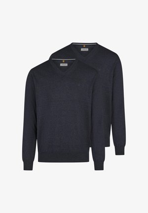 Twee donkerblauwe V-hals truien met lange mouwen, geribbelde manchetten en zoom, overlappend weergegeven tegen een witte achtergrond.