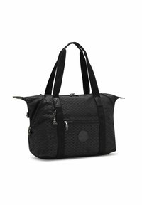 Sac fourre-tout noir à motifs avec doubles poignées, poche zipper à l'avant, zippers sur les côtés et un petit pendentif porte-clés suspendu.