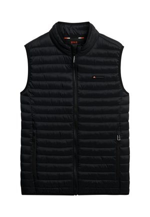 Black puffy vest with a stand collar, zip front, and side pockets. Features quilted texture and lightweight construction. Brand logo visible.