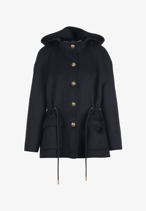 Sötétkék kapucnis dzseki vastag anyagból, arany színű gombokkal, derékzsinórral és két elülső zsebbel.