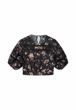 Sort cropped bluse med pufærmer, blomsterprint i creme og brun, detaljer med blonder og bindelukning bagpå ved halsudskæringen.