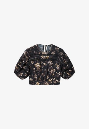 Blusa corta nera con maniche a sbuffo, motivo floreale in crema e marrone, dettagli in pizzo e chiusura a fiocco sul retro del collo.