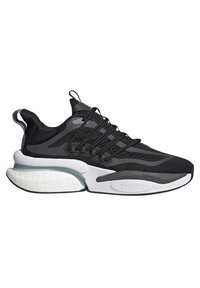 Chaussure de sport noire avec un dessus en mesh respirant, design superposé, lacets texturés et une semelle blanche à amorti portant la marque "Bounce".