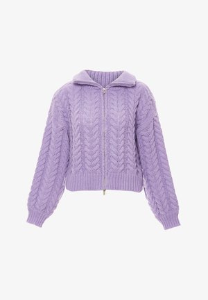 Paarse gebreide trui met een cropped ontwerp, kabelbreipatroon en een ritssluiting. Heeft overmatige pofmouwen en een omslagkraag.