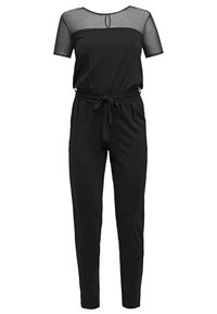 Combinaison noire avec manches courtes transparentes, partie supérieure transparente, encolure goutte d'eau et ceinture à nouer à la taille.