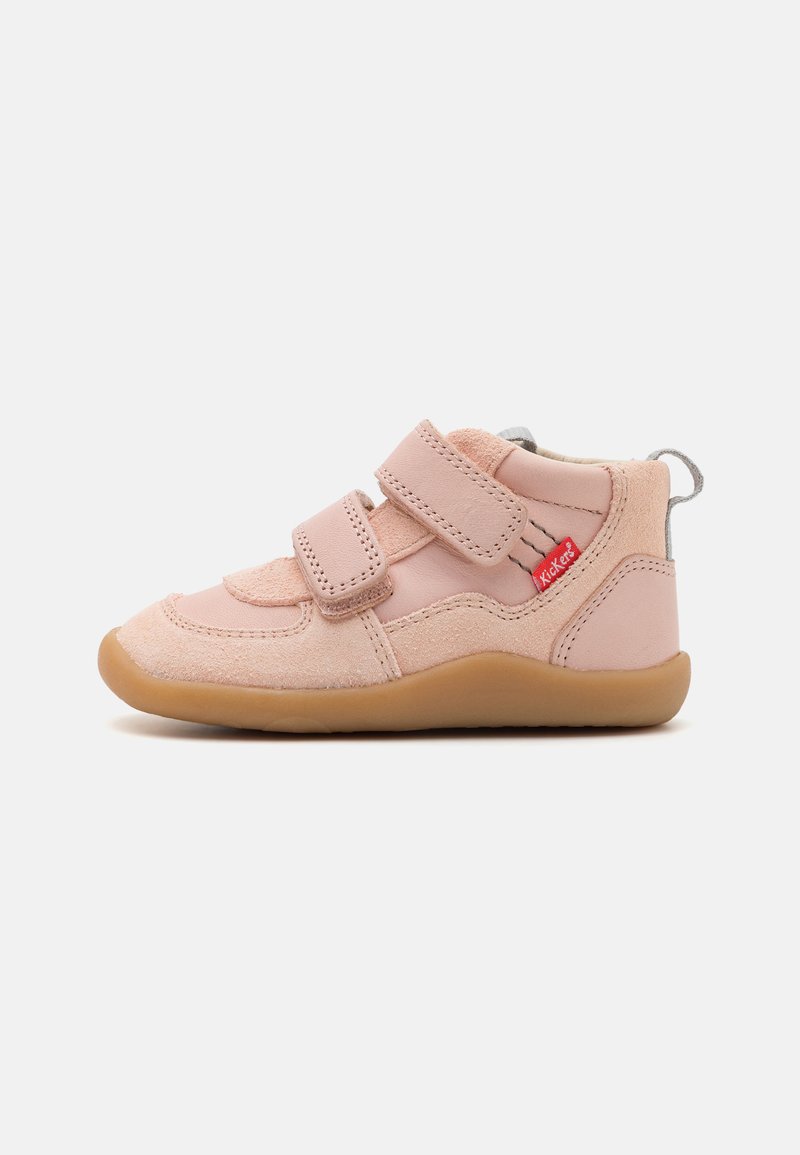 Pink leather and suede toddler shoes with velcro straps, a rounded toe, and a gum rubber sole. Features stitched detailing and a pull tab.