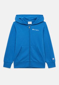 Μπλε φούτερ με φερμουάρ και κουκούλα, κατασκευασμένο από μαλακό ύφασμα, με λογότυπο στο στήθος, δύο μπροστινές τσέπες και τελείωμα με ριμπ.