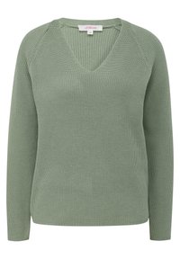 Pullover a maniche lunghe con scollo a V in verde chiaro con texture a coste. Presenta maniche raglan e dettagli di cucitura sottili.