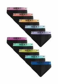 Svarta kalsonger med olika färgade elastiska midjeresår som visar "NEXT." Inkluderar rosa, persika, senap, teal, grön och blå accenter.