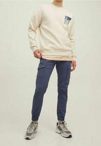 Osoba oblečená v krémovém mikině s grafickou nášivkou, navy cargo teplácích a béžovo-šedých teniskách, stojící proti jednoduchému pozadí.