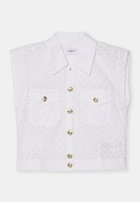 Biała bezrękawnikowa bluzka z kołnierzykiem, z teksturowanym wzorem, dwiema przednimi kieszeniami i sześcioma złotymi guzikami z przodu.