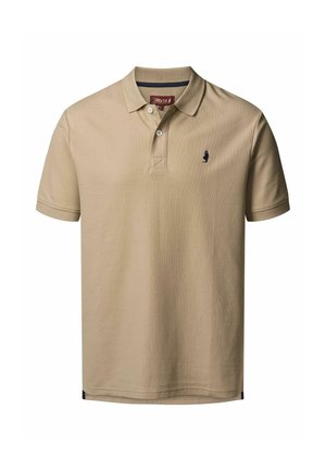 Šviesiai smėlio spalvos trumpomis rankovėmis polo marškinėliai su apykakle, dviem baltais mygtukais ir mažu tamsiu siuvinėtu logotipu ant krūtinės.