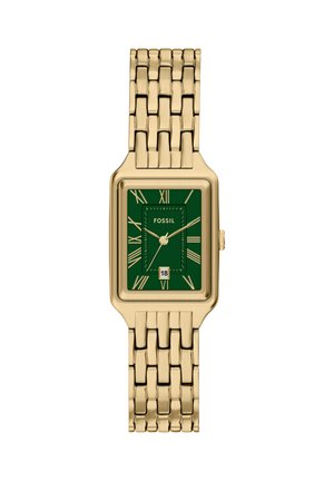 Gold metal wristwatch with green rectangular dial, Roman numerals, three hands, date window, and Fossil logo at center.