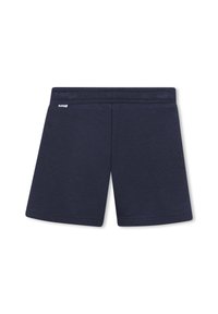 Pantaloni sportivi blu navy realizzati in tessuto testurizzato. Presentano una cintura elastica e un piccolo etichetta del marchio sul lato. Design semplice senza motivi.