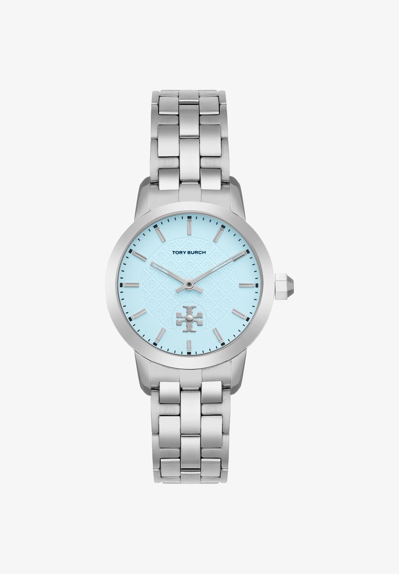 Silberne Metallarmbanduhr mit hellblauem Zifferblatt, minimalistischen Stundenmarkierungen und Tory Burch-Logo in der Mitte und unten.