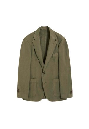 Blazer verde oliva de un solo botón con solapas con muesca, dos bolsillos de parche delanteros, bolsillo en el pecho y puños con botones.