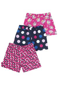 Tři párty dětských šortek: růžové s unicorn vzorem, námořnické modré s barevnými puntíky a růžové srdíčkovým designem. Měkká bavlněná tkanina.