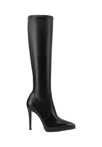 Stivale in pelle nera al ginocchio con punta affusolata, tacco a stiletto e texture liscia. Presenta dettagli di cucitura nella parte superiore.