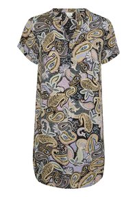 Kortærmet tunikakjole med multicoloreret paisley- og blomster mønstre i sort, beige, lavendel og pastelfarver.