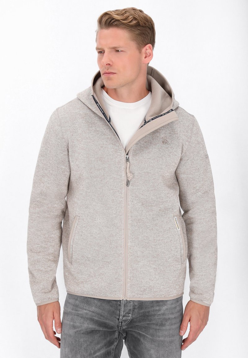 Svijetlosiva dukserica s kapuljačom, od teksturirane pletenine, s patentnim zatvaračem, dva bočna džepa i kontrastnom unutarnjom podlogom. Slim fit dizajn.