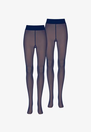 Transparente marineblaue Strumpfhose mit einem blickdichten Bund, mit glatter Textur und nahtlosem Design. Enthält zwei nebeneinander liegende Paare.