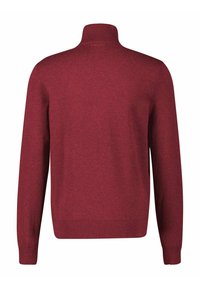 Bordeauxkleurige gebreide trui met een hoge kraag, lange mouwen en geribbelde boorden en zoom. Zachte textuur, eenvoudig ontwerp en effen kleur.