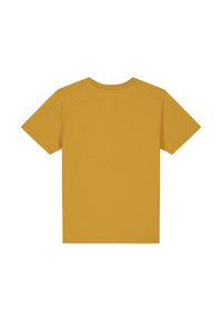 Kurzarm-T-Shirt in Senfgelb, aus weichem Stoff gefertigt, mit einem runden Halsauschnitt und einem einfachen, einfarbigen Design.