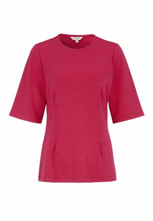 Rotes T-Shirt mit kurzen Ärmeln und Rundhalsausschnitt, mit subtilen Nahtdetails auf der Vorderseite, aus glattem Stoff, mit dem Etikett "Cellbes of Sweden", Größe 38/40.