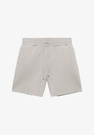 Lichtgrijze casual shorts met elastische tailleband en trekkoord, met verticale naadtoelichtingen aan elke pijp.