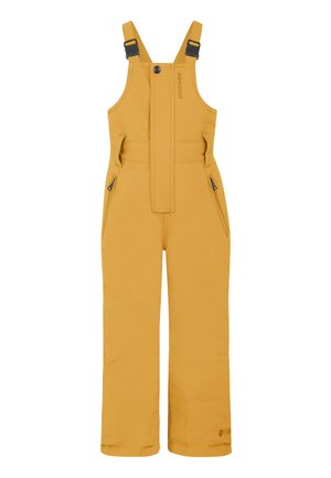 Salopette da sci gialla con bretelle regolabili, una tasca frontale e tasche laterali con zip. Realizzata in materiale impermeabile con una texture liscia.
