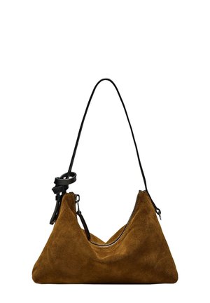 Brown suede handbag with a triangular shape, featuring a black leather strap and a zippered opening for access. Soft texture and clean lines.