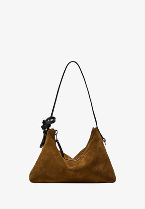 Brown suede shoulder bag with black adjustable strap and visible zipper along top edge, resting against a white background.