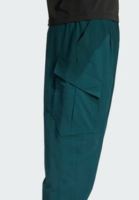 Teal cargo bukser lavet af letvægtsstof, med en sidelomme med klap og en afslappet pasform, synlige folder og lige ben.