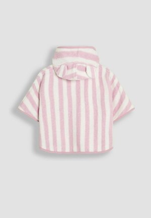 Rosa-weißer gestreifter, kurz geschnittener Fleece-Hoodie mit kurzen Ärmeln und Kapuze. Weicher Stoff, simples Design und abgerundete Kanten.