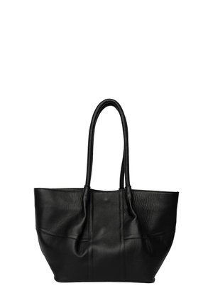 Schwarze Ledertasche mit zwei Griffen, ausgestattet mit einer weichen, strukturierten Oberfläche und Nahtdetails. Abgerundete Form, entworfen für den täglichen Gebrauch.