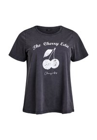 Schwarzes T-Shirt mit kurzen Ärmeln, weißer Kirsch-Grafik und den Texten "The Cherry Edit" und "Cherry vibes" auf der Vorderseite.