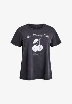 Must lühikeste varrukatega t-särk, millel on valge kirsi graafika ja tekst "The Cherry Edit" ning "Cherry vibes" ees.