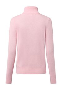 Jasnoróżowy sweter z dzianiny z wysokim kołnierzem, długimi rękawami, prążkowanymi mankietami i dołem, z fakturowanym materiałem oraz czystym wzornictwem z tyłu.