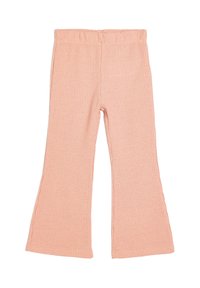 Pantalones acampanados de canalé en tela rosa claro con cintura elástica, que presentan una superficie texturizada y un ajuste relajado.
