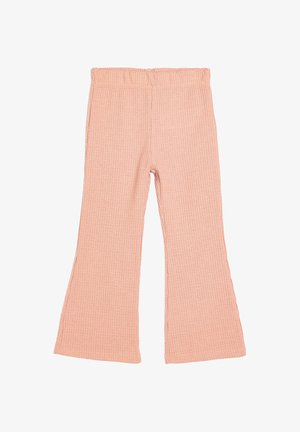 Vaaleanpunaiset vyötäröstä joustavat lattiapituisten ribbihousut, joissa on teksturoitu pinta ja rento istuvuus.