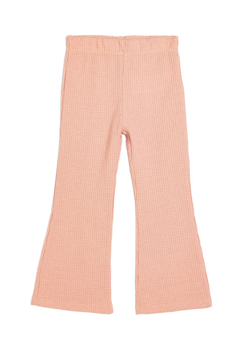 Pantalones acampanados de canalé en tela rosa claro con cintura elástica, que presentan una superficie texturizada y un ajuste relajado.