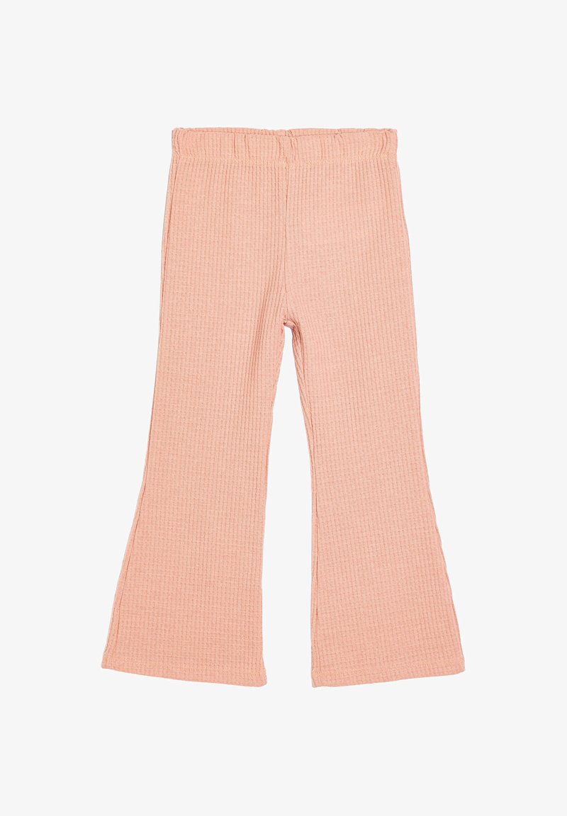 Pantalons à pattes évasées en tissu rose clair avec une taille élastique, présentant une surface texturée et une coupe décontractée.