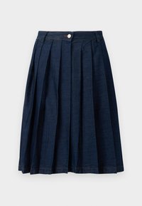 Fustă plisată din denim de culoare albastră închisă. Are un talie ajustată, nasturi în partea de sus și plisuri structurate care creează un siluetă evazată.