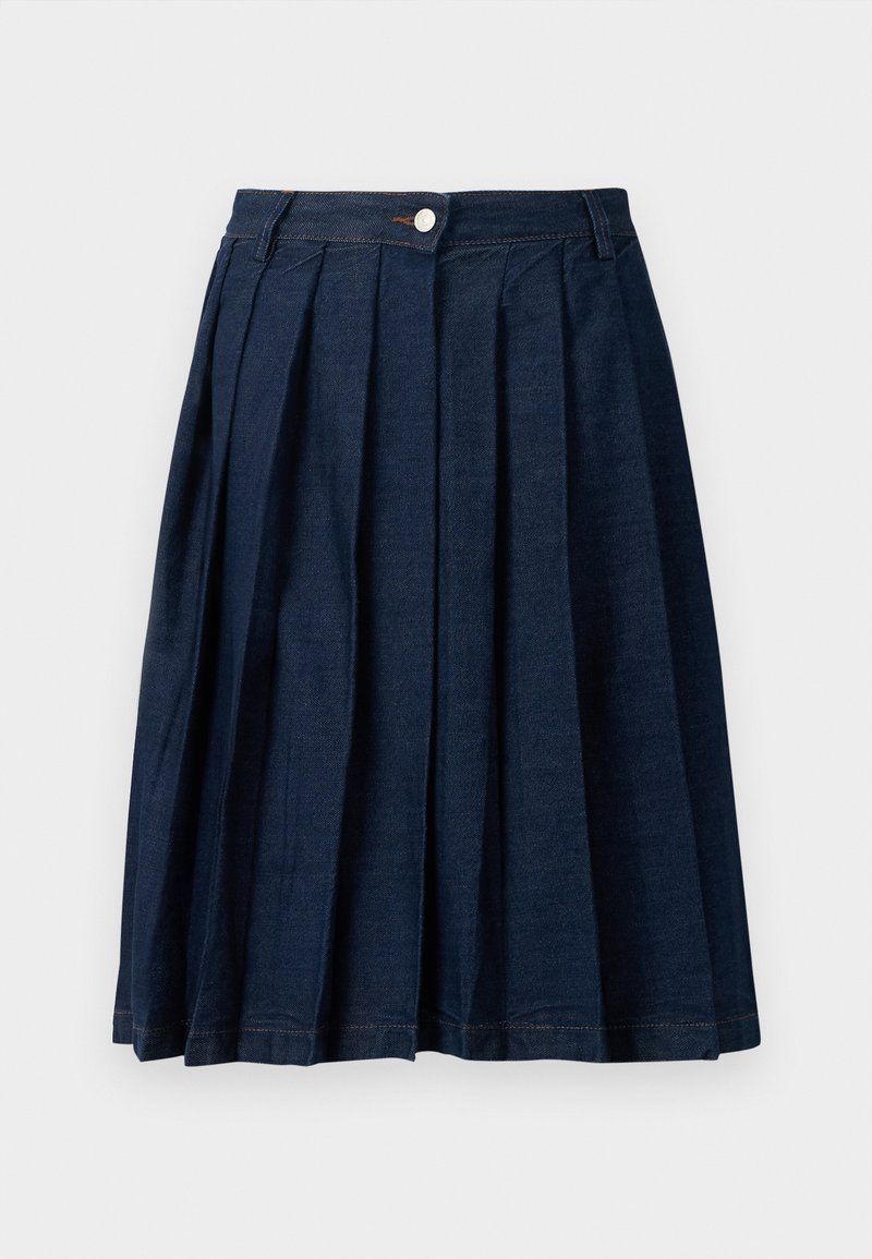 Fustă plisată din denim de culoare albastră închisă. Are un talie ajustată, nasturi în partea de sus și plisuri structurate care creează un siluetă evazată.