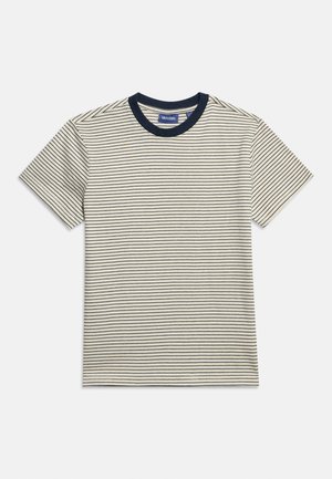 Tricou bej cu mâneci scurte, cu dungi negre subțiri orizontale și guler rotund negru uni.