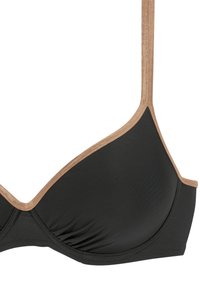 Čierny bikiny top s hladkou textúrou a hlbokým výstrihom, ozdobený kovovým bronzovým lemom po okrajoch a popruhoch.