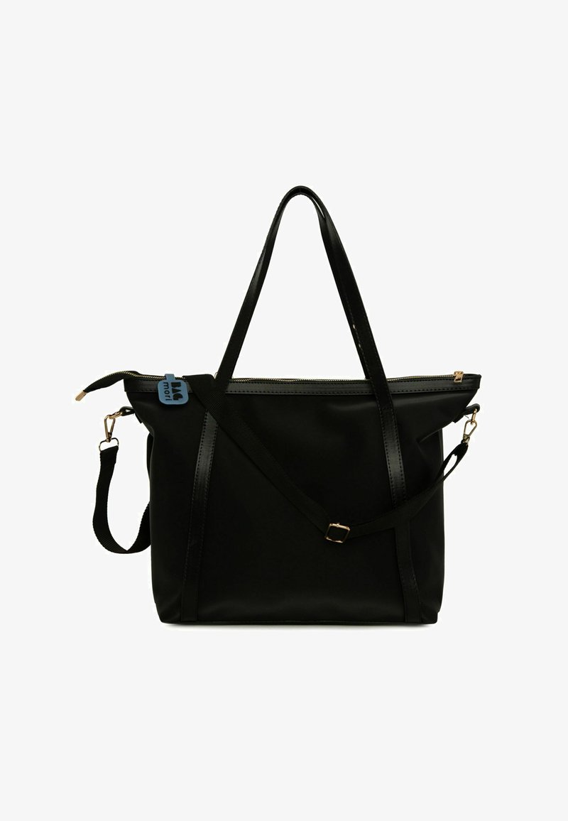 Črna torba za na ramo iz sintetičnega materiala, z dvema ročajema, nastavljivim naramnim trakom, zadrgo v zlatem odtenku in modro oznako kot detajlom.