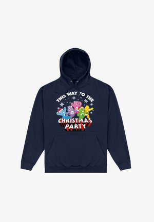 Granatowy hoodie z kieszenią z przodu, zdobiony kolorową grafiką przedstawiającą rysunkowe misie oraz napisem „W TĘ STRONĘ NA IMPREZĘ BOŻONARODZENIOWĄ.”