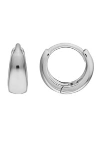 Sølv metall hoop øredobber med en jevn, polert overflate. Har et særpreget åpent design og et avsmalnende lukkeelement på siden.