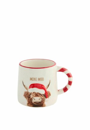 Keramikkrus med en stribet hank, med en ko iført en julehat og teksten "MINI MOO" på forsiden.